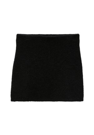 Mini-jupe en laine noire au design simple, texture douce et coupe droite. Aucun motif ni détail métallique visible.