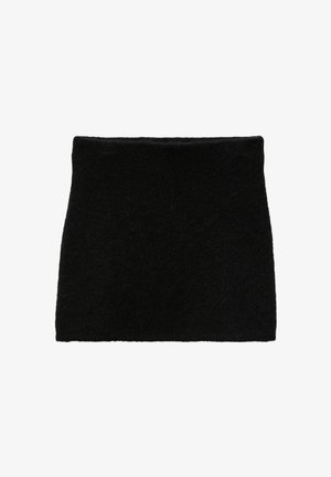 Mini-jupe en laine noire au design simple, texture douce et coupe droite. Aucun motif ni détail métallique visible.