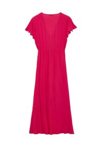 Robe midi rose vif avec des manches courtes flottantes, décolleté en V, taille cintrée et jupe fluide.