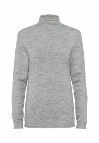 Jasnoszary sweter z golfem, wykonany z miękkiego materiału dzianinowego. Posiada długie rękawy i ściągacze, z gładką fakturą oraz minimalistycznym wzornictwem.