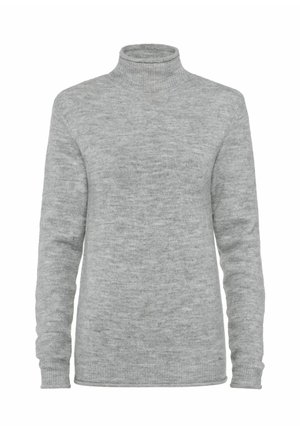 Jasnoszary sweter z golfem, wykonany z miękkiego materiału dzianinowego. Posiada długie rękawy i ściągacze, z gładką fakturą oraz minimalistycznym wzornictwem.