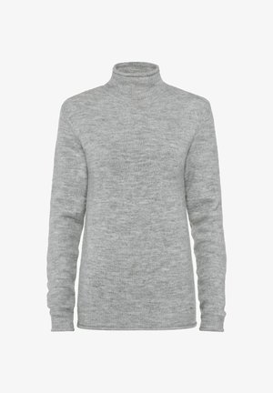 Jasnoszary sweter z golfem, wykonany z miękkiego materiału dzianinowego. Posiada długie rękawy i ściągacze, z gładką fakturą oraz minimalistycznym wzornictwem.