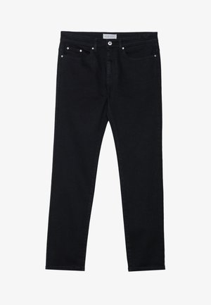 Sorte denim jeans med lige ben-design, fem lommer, metalnitter og knaplukning. Blød tekstur med let stræk.