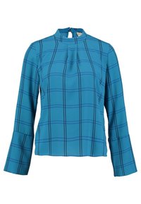 Blusa blu a maniche lunghe con collo alto, dettaglio arrompato nella parte anteriore e motivo a check nero. Le maniche svasate completano il design.