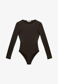 Langsleeve bodysuit in donkerbruin, met een ronde halslijn en een aansluitend ontwerp. Gemaakt van gladde, elastische stof met een string-style onderkant.