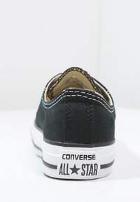 Baskets en toile noire avec semelle en caoutchouc blanche, couture contrastante, et l'inscription "CONVERSE ALL STAR" imprimée sur le talon. Vue arrière montrée.