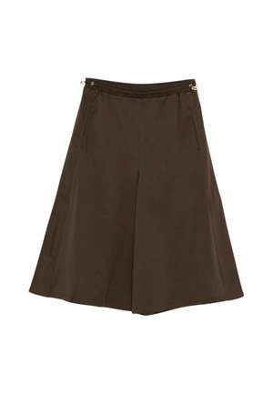 Pantaloncini marroni a gamba larga con vita elastica e tasche laterali, mostrati su sfondo bianco.