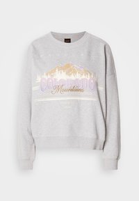 Sweat-shirt gris clair avec un graphique de montagne et le texte « Colorado Mountains » en couleurs pastel sur le devant, manches longues et poignets côtelés.