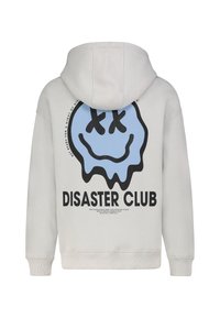 Hellgrau Hoodie mit einer großen blauen Smiley-Gesichts-Grafik, schwarzem Text "DISASTER CLUB" und weichem Material.