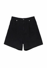 Pantalones cortos de mezclilla negra de tiro alto, con bolsillos frontales, remaches de cobre y un diseño de corte recto. Textura suave y sin dibujos.