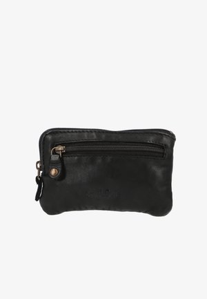 Čierna kožená zipsová taška s hladkým povrchom, s prednou zipsovou vreckom, kovovými prvkami a embosovaným logom. Obdĺžnikový tvar.