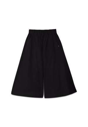 Pantalon culotte noir à jambes larges avec taille élastique et poche latérale, conçu pour une coupe décontractée.