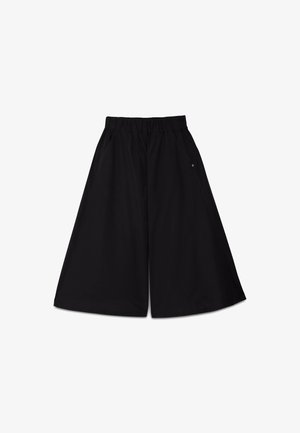 Pantalon culotte noir à jambes larges avec taille élastique et poche latérale, conçu pour une coupe décontractée.