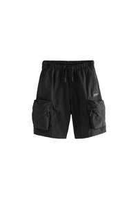 Schwarze Cargo-Shorts aus leichtem Stoff, mit Gummibund, Kordelzug und zwei großen seitlichen Taschen mit Reißverschluss.