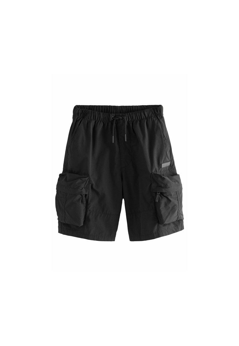 Schwarze Cargo-Shorts aus leichtem Stoff, mit Gummibund, Kordelzug und zwei großen seitlichen Taschen mit Reißverschluss.