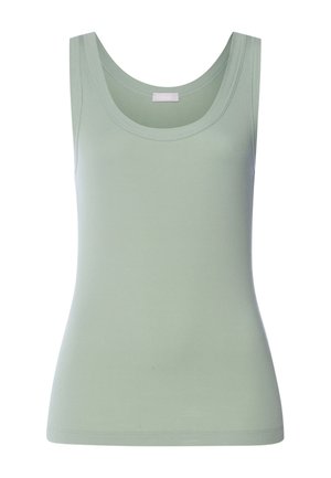 Bez rukávů, světle zelené žebrované tílko s výstřihem do oblouku a přiléhavým střihem.