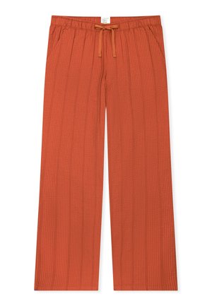 Locker sitzende, verbrannt orangefarbene Hose mit elastischem Bund, vorderen Taschen, einem Kordelzug und dezenten vertikalen Streifen mit Struktur.
