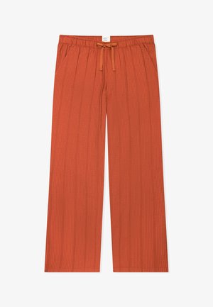 Locker sitzende, verbrannt orangefarbene Hose mit elastischem Bund, vorderen Taschen, einem Kordelzug und dezenten vertikalen Streifen mit Struktur.