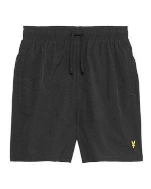Casual zwarte herenshorts met elastische tailleband, trekkoord, zijzakken en een klein geel vogellogo op het linkerbeen.