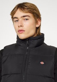 Gilet nero isolato con alto colletto, dotato di zip frontale, texture sottile e un piccolo patch con il marchio nella zona sinistra del petto.