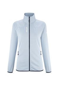 Helles blaues Zip-Jackett aus strukturiertem Stoff, mit hohem Kragen, zwei seitlichen Taschen und dunkelblauen Akzenten an den Reißverschlüssen und Bündchen.