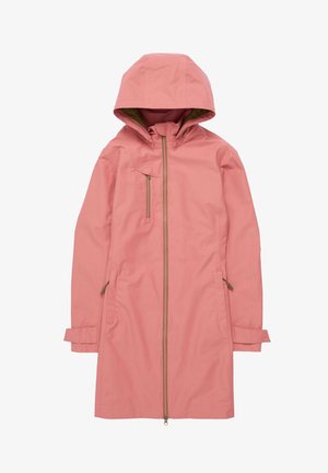 Rosa Kapuzenregenjacke mit einem Frontreißverschluss, zwei Seitentaschen und verstellbaren Ärmelbündchen. Glatte Textur und leicht strukturierte Form.