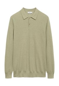 Olive green long-sleeve polo shirt with a textured knit, three-button placket, and a classic collar, featuring ribbed cuffs and hem.