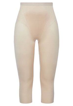 Beige, doorschijnende shapewear capri leggings met een hoge taille en een gladde structuur, voorzien van minimale naden en een strakke pasvorm voor comfortabel draagcomfort.