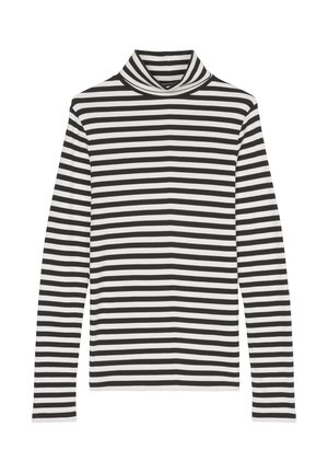Pull à col roulé à rayures noires et blanches, avec des manches longues, en tissu doux, présentant un col haut et un motif de rayures uniforme.
