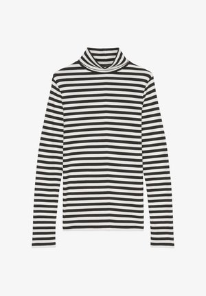Black and white striped turtleneck top with long sleeves, made of soft fabric, featuring a high neck and even stripe pattern.