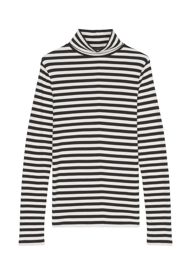 Schwarz-weiß gestreifter Rollkragenpullover mit langen Ärmeln, aus weichem Stoff gefertigt, mit hohem Kragen und gleichmäßigem Streifenmuster.