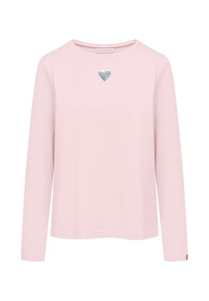 Lange mouw roze shirt gemaakt van zachte katoen, met een zilveren hartaccent op de borst en een ronde halslijn met contrasterende bies.