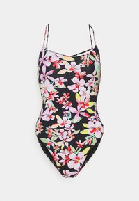 Maillot de bain une pièce noir avec des bretelles fines, ornée d'un motif floral vibrant en rose, rouge et vert, texture lisse et design ajusté.