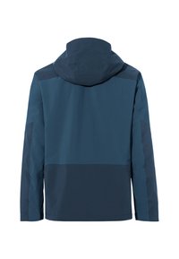 Giacca con cappuccio di color blu scuro, realizzata in tessuto liscio, con maniche lunghe e fondo arricciato. Il retro presenta un colore uniforme con accenti minimi.