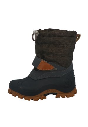 Isolierter Winterstiefel mit einem dunklen, wasserdichten Gummiboden, braunem Textilschaft, verstellbarem Kordelzug und einem braunen Klettverschluss.