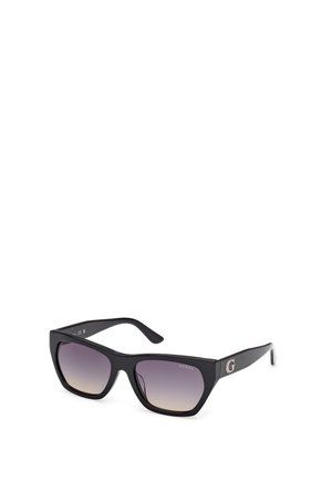 Black sunglasses with a geometric frame, featuring gradient lenses that transition from dark to light. Metal accents on the temples.