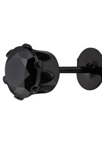 Zwarte studoorbel met een facette rond zwarte steen, gezet in een klauwstijl metalen achterzijde, met een rechte paal en platte cirkelvormige achterkant.