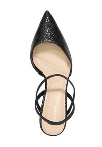 Black pointed-toe high heel shoe with a textured upper, thin black straps, and a beige insole featuring the logo "Dune London."