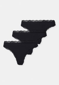 Black lace-trimmed thong underwear set, featuring three pairs with soft fabric, delicate lace accents, and a classic design.