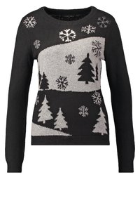 Pull noir et gris avec un motif de sapins de Noël et de flocons de neige, manches longues et encolure ronde.