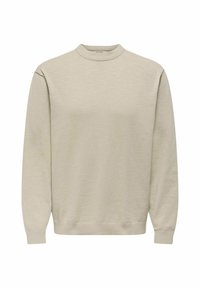 Lichtbeige crewnecktrui, lange mouwen, geribbelde boorden en zoom, zachte stof, minimalistisch ontwerp, geen zichtbare patronen of accenten.