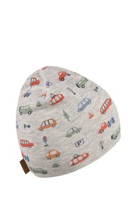 Gray knit beanie featuring a colorful print of cars, traffic signs, and trees. Soft texture with a snug fit and small brown label accent.
