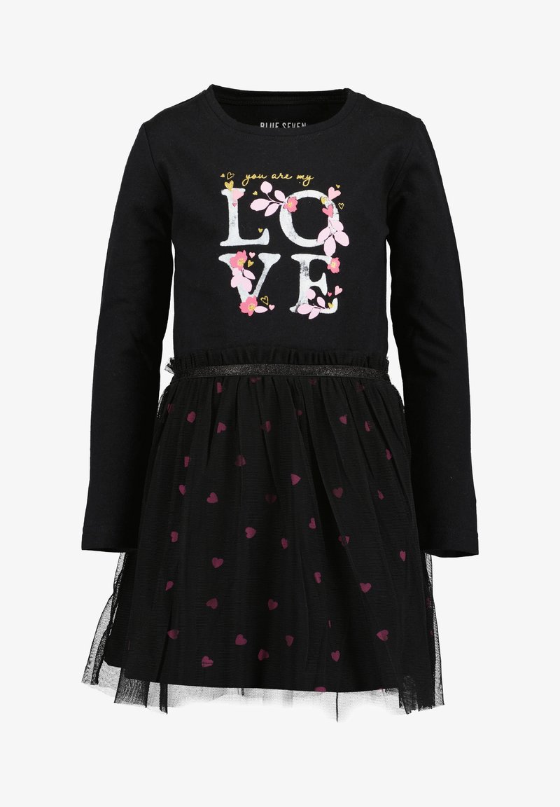 Robe noire à manches longues avec motifs floraux et cœurs ; texte "you are my LOVE" sur la poitrine en blanc, rose et accents dorés.