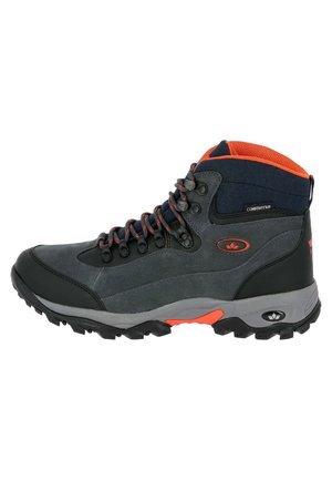Mid-cut hiking boot in dark gray and orange accents. Features textured synthetic upper, lace-up design, and rugged black rubber outsole.