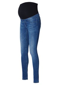 Dżinsy ciążowe typu skinny w średnim niebieskim kolorze z czarną elastyczną częścią na brzuch, z klasycznym pięciokomorowym designem i delikatnym przecieranym efektem.