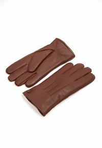 Braune Lederhandschuhe mit glatter Textur, die über dezente Nähte und einen Knopfakzent im Handgelenkbereich verfügen.