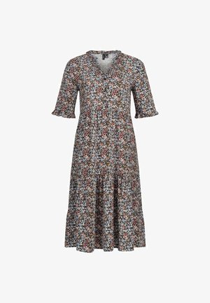 Abito midi con stampa floreale, scollatura a V, maniche a campana corte e gonna a strati. Presenta uno sfondo scuro con fiori multicolori.