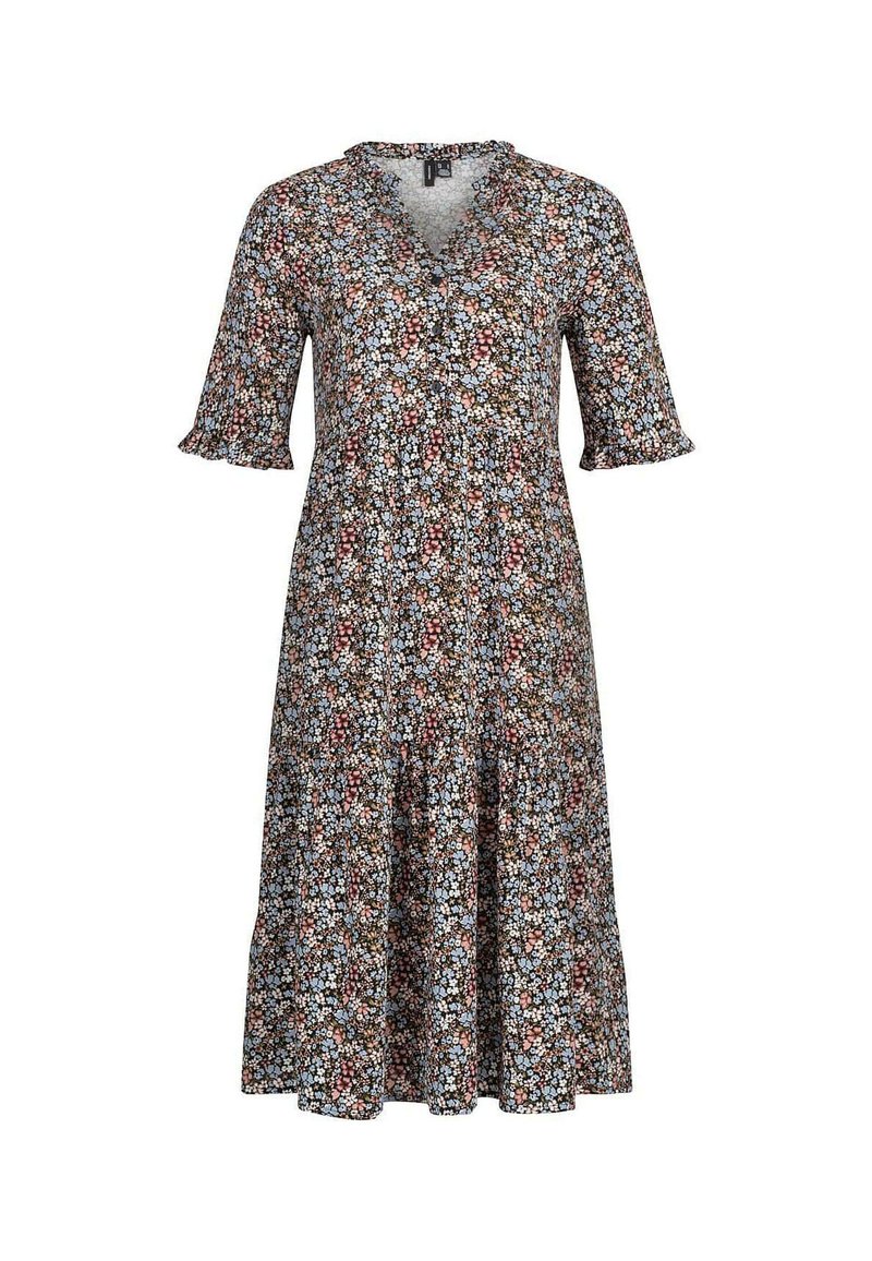 Rochie midi cu imprimeu floral, cu decolteu in V, maneci scurte stil clopot și fustă cu volane. Prezintă un fundal închis cu flori multicolore.