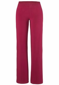 Rote, elastische, weite Hose mit Gummizug, aus weichem Stoff gefertigt und mit einer glatten Textur ohne sichtbare Muster oder Hardware-Details.