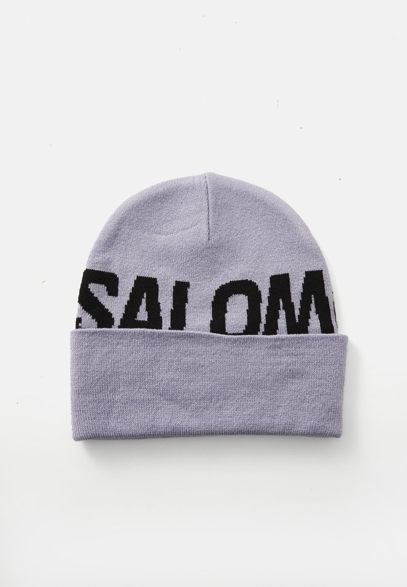Knit beanie in light lavender with a folded hem. Features black knitted text spelling "SALOM" on the front. Smooth texture.